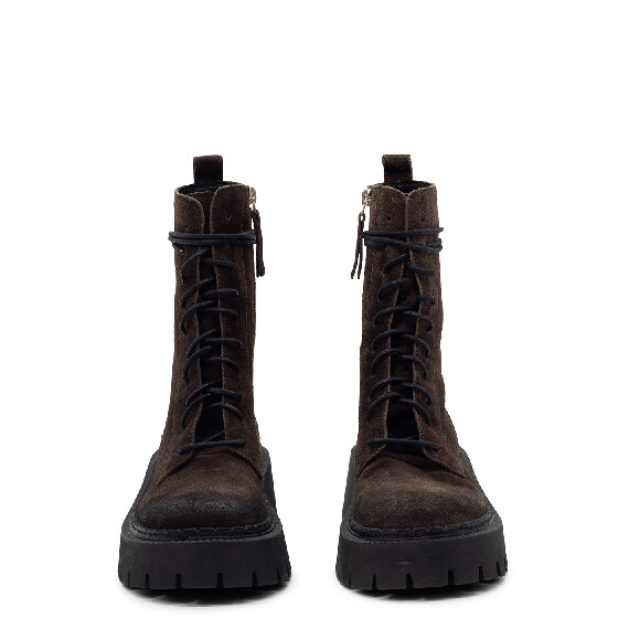 H04 Bob – Dark brown combat boot in vintage calf suede  